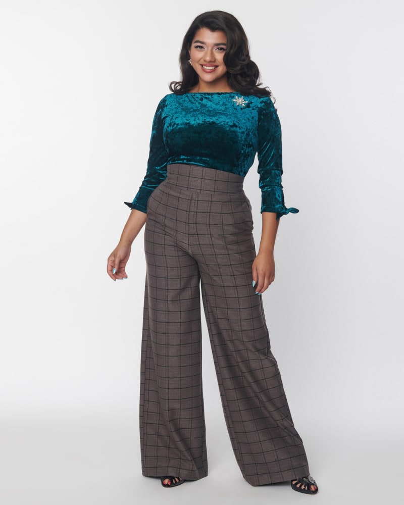 Front of a model wearing a size L Unique Vintage Charcoal Windowpane High Waist Pants in Charcoal Windowpane by Unique Vintage. | dia_product_style_image_id:319663